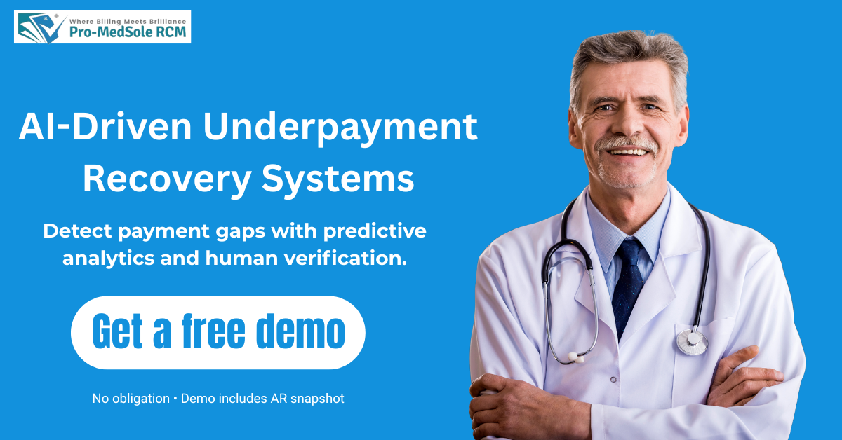 AI-driven underpayment recovery systems hero image showing claims dashboard and icons for AI, compliance, and revenue recovery